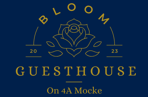 Gold rose line-art logo for Bloom Guest House on dark blue background, located in Dan Pienaar, Bloemfontein.